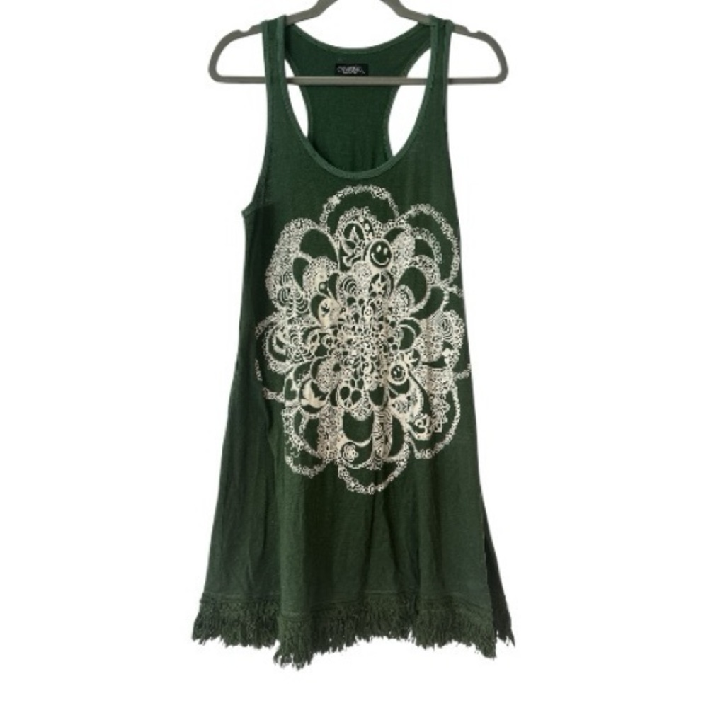 Lauren Moshi Smiley Hippie Print Fringe Hem Tank Mini Dress in Green Size Small